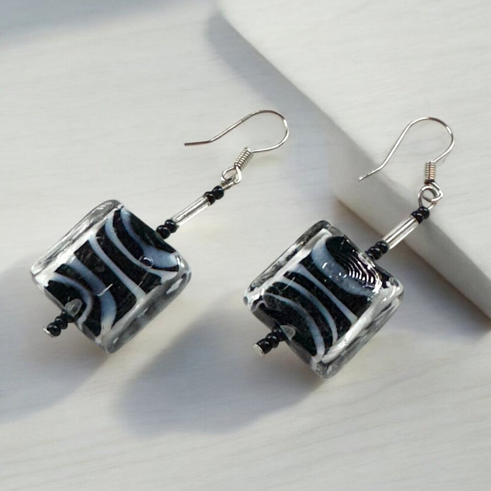 Glass Striped Square Beads Pierced Dangling Earrings Zebra Black & White